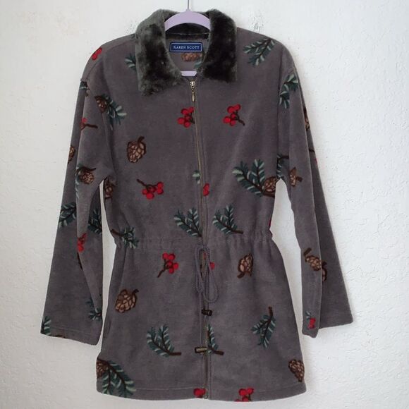 Karen Scott Fleece Colar Faur Fur Full Zip Drawstring Gray Women’s Jacket Size M - Picture 1 of 9